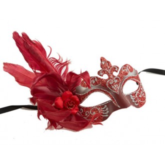 Masky - Škraboška glitter, s peřím červená